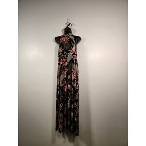 BLOOMS IN THE CITY Sleeveless Halter Maxi Dress Womens L Black Red Floral Lilies